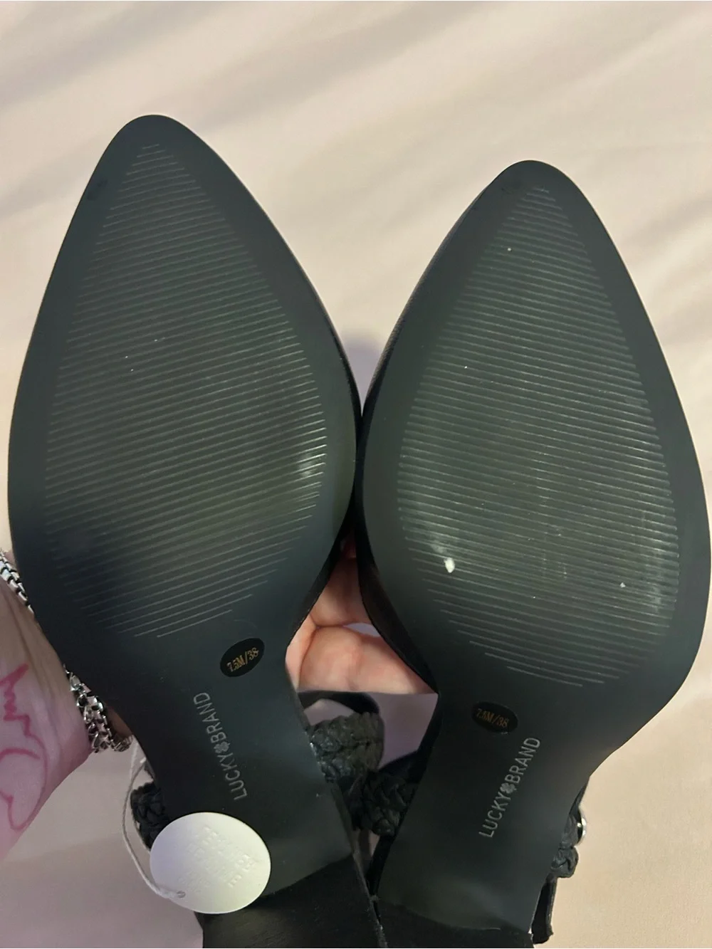 Lucky Brand Black Pointed Toe Braided Ankle Strap Heels